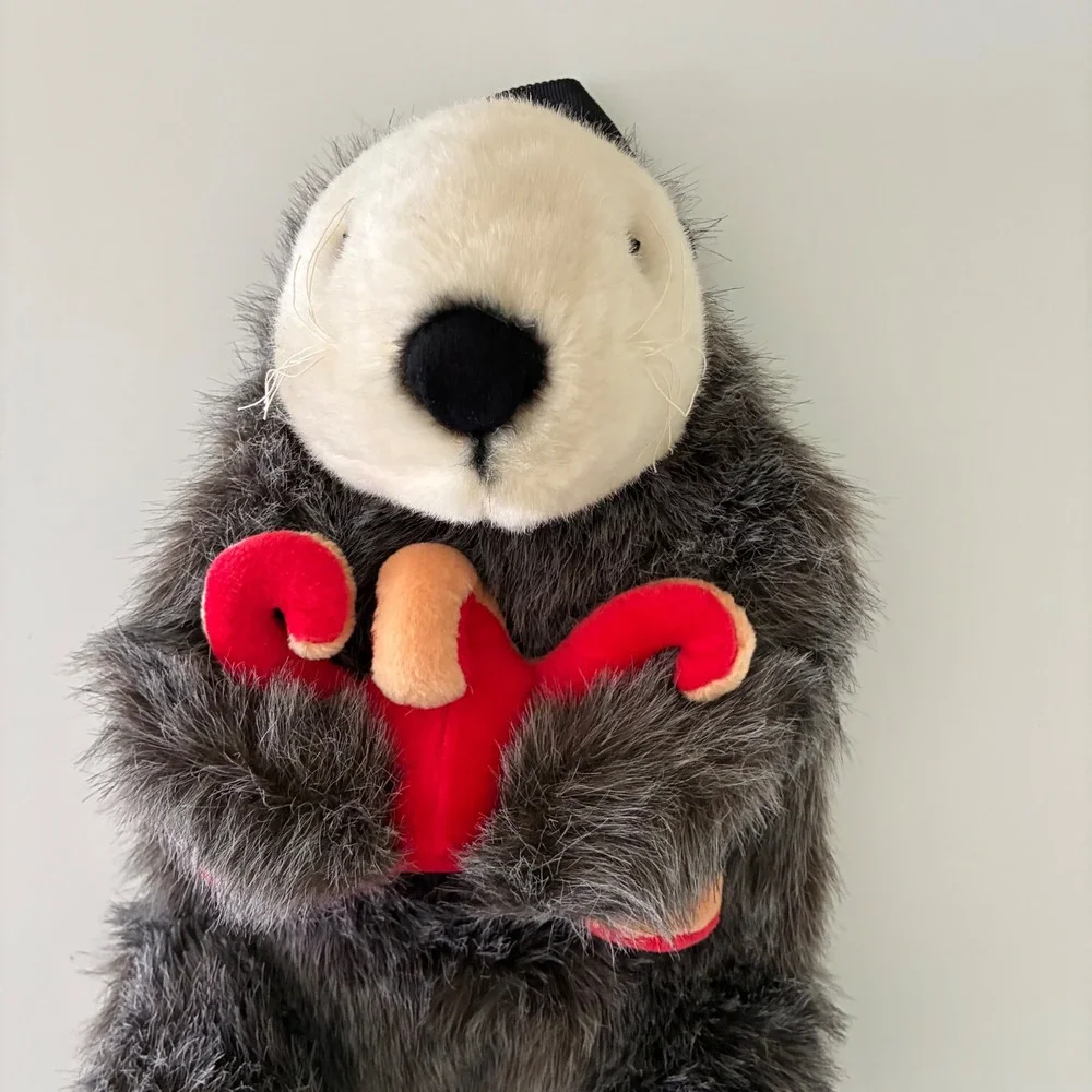 Plush Sea Otter Backpack Kids Faux Fur Animal Bag with Starfish Brown Cream